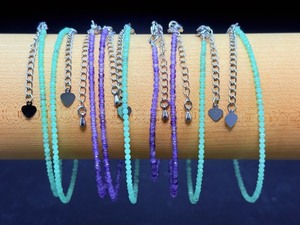 Luxury Set of 9 Dainty Gemstone Jewelry Pieces - Genuine Amethyst &amp Amazonite - Adjustable Stainless Steel Finish