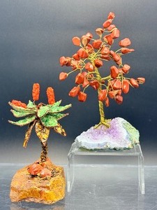 Pair of Handcrafted Gemstone Sculptures  Red Jasper &amp Aventurine Money Trees on Raw Crystal Bases - (13.8 oz  394 g)