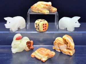 Vibrant Hand-Carved Onyx &amp Banded Calcite Figurine Set  7 Unique Totems