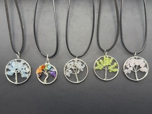 Lot of 5 Tree of Life Crystal Healing Pendants - Handcrafted Wire Wrapped Natural Gemstone Chip Stone Necklaces
