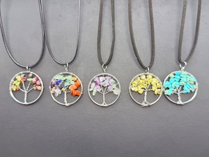 Set of 5 Handcrafted Tree of Life Gemstone Chip Pendant Necklaces