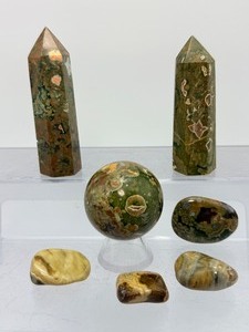 Premium 7-Piece Australian Rainforest Rhyolite Collection Polished Towers, Sphere, and Freeform Stones  Rare Volcanic Gemstones from Mt. Hay, Queensland