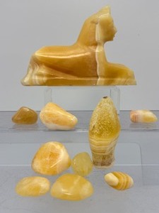 Egyptian Alabaster Sphinx &amp Orange Calcite Tumbled Stone Collection
