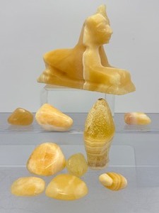 Egyptian Alabaster Sphinx &amp Orange Calcite Tumbled Stone Collection - (1 lb 5.4 oz  617 g)