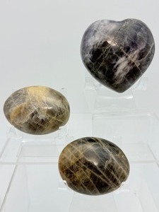 Madagascar Black Moonstone Ritual Set (1) Rare Hand-Carved Heart &amp (2) High-Flash Silver Sheen Palm Stones  Grounding, Protection &amp New Moon Manifestation Bundle