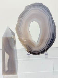 Natural Blue Lace Agate &amp Blue Chalcedony Display Set - Polished Slice &amp Crystal Tower
