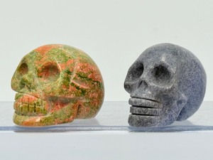 Hand-Carved Crystal Skull Duo  Natural Unakite &amp Rare Dumortierite