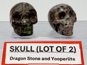 Rare 2pc Lot Hand-Carved Gemstone Skulls Fluorescent Yooperlite & Vibrant Dragons Blood Jasper  UV Reactive Specimen Set