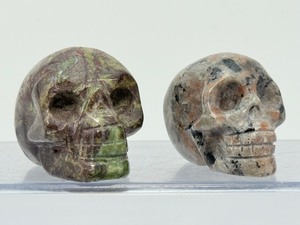 Rare 2pc Lot Hand-Carved Gemstone Skulls Fluorescent Yooperlite & Vibrant Dragons Blood Jasper  UV Reactive Specimen Set