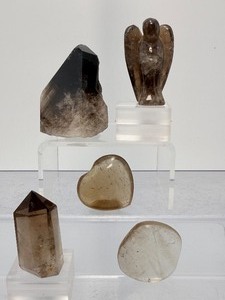 Exclusive 5pc Natural Smoky Quartz Collection  Polished Towers, Heart & Carved Guardian Angel