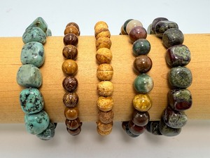 Lot of 5 Natural Stone Beaded Bracelets African Turquoise Jasper, Elephant Skin, Dragon Blood, & Ancient Bodhi  Earthy Artisan Jewelry Stack