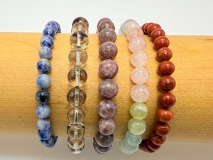 Lot of 5 Natural Gemstone Beaded Bracelets - Sodalite, Garden Quartz, Lepidolite, Mixed Beryl, Red Jasper