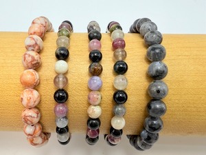 Lot of 5 Natural Gemstone Stretch Bracelets  Tourmaline, Jasper & Larvikite