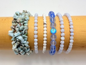 6pc Natural Gemstone Bracelet Set Rare Larimar, Blue Lace Agate, and Calming White Howlite Stretch Stacks