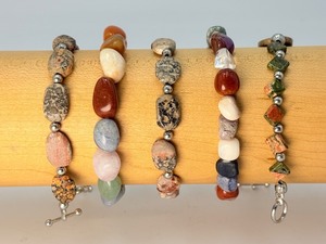 Set of 5 Artisan Gemstone Bracelets - Leopard Skin Jasper, Unakite &amp Mixed Chakra Stones