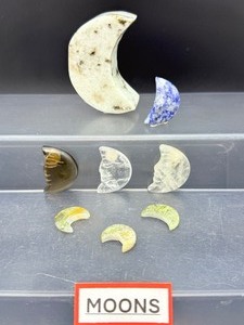Set of 8 Carved Gemstone Moons Sodalite, Smoky Quartz, Prehnite, Moss Agate &amp Clear Quartz