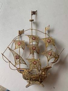 Vintage Portugal Filigree Caravel Sailing Ship Sculpture 15in Tall