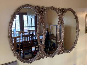 Ornate Triple Oval Wall Mirror Bronze-Tone Rococo Style, Good