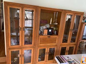 Oak 3-Piece Wall Unit Display Cabinet w Glass Doors Drop Front