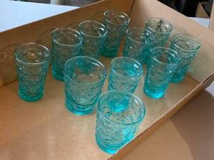 Vintage Lida Milano Aqua Textured Glass Tumblers Set of 11 Mixed Sizes VG