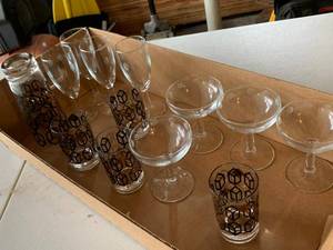 Vintage Mid Century Barware Glass Lot Cubes & Polka Dot Stemware 13 Pc