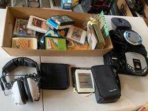 Vintage Portable CD Players & 8-Track Media Lot w Headphones Cases