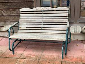 Outdoor Wood Slat Patio Glider Bench Loveseat Metal Frame Weathered