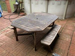 Outdoor Wood Patio Dining Table Set w Umbrella Hole & 2 Benches Weathered