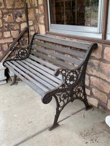 Ornate Cast Iron & Wood Garden Bench 2-Seat Patio Porch Weathered