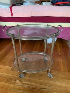 Vintage 2-Tier Oval Glass Tea Cart Trolley Metal Frame Casters