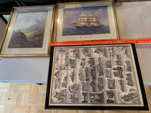Set of 3 Framed Wall Art Prints Cutty Sark Stag Northumbrie Map