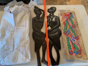 Vintage Polynesian Decor Lot Carved Wood Figures Tapa Art Grass Skirt