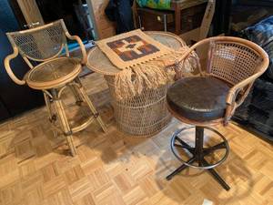 Vintage Rattan Bar Stools, Wicker Drum Table & Throw, Good Condition