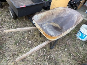 Vintage Steel Wheelbarrow Wood Handles Single Wheel Rustic Garden Cart