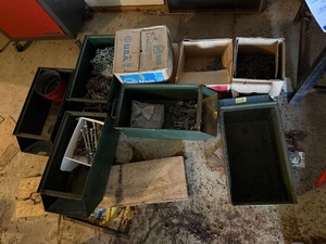 Mixed Shop Hardware Lot Chains Nails Bolts in Metal Bins Good