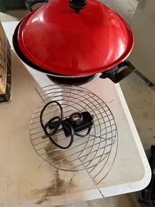 Vintage Red Electric Wok w Lid Temp Control Rack Countertop Cooker