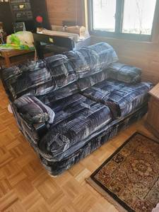 Sofa - NavyBlue Abstract Brushstroke Upholstery with Wood Arm Accents