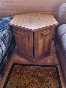 Oak Hexagonal Corner Cabinet with Louvered Doors - 2-Door