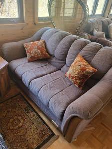 Upholstered Sofa With Wood Trim And Floral Pillows (3-Seater)