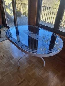 oval Glass outdoor Dining Table - 50-in Diameter with Frosted Geometric Etching, White Base