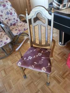 Antique-Style Wooden Armchair with Purple Floral Upholstery
