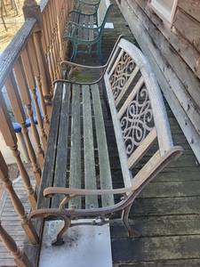 Weathered Wood Slat Garden Bench - Ornate Iron Back