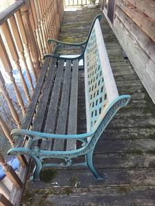 Teal Wrought Iron Patio Bench with Lattice Back