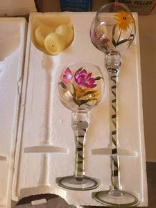 large Floral Hand-Painted Wine Goblets - Sunflowers & Pink Flowers (Set of 2)