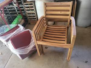 Wooden Slat Armchairs - Set of 4 with Red Cushions