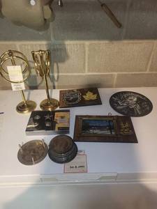 Vintage Brass Candle Holders, Maple Leaf Wood Plaques & Winnipeg Canada Photo Frame Decor