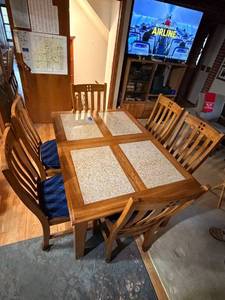 Mission Style Dining Table Set Stone Insert Top 6 Chairs Used