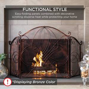 3-Panel Wrought Iron Metal Fireplace Screen Cover w Scroll Design - 55x33in, Pewter