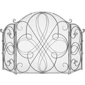 3-Panel Wrought Iron Metal Fireplace Screen Cover w Scroll Design - 55x33in, Pewter