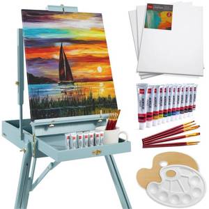 Art Easel for Painting, Portable Adjustable Tripod with 32-Piece Art Set, Blue